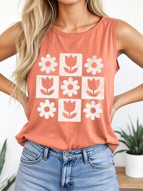 Minimalist Floral Tank Top 🌷🌼✨ | Retro Tulip & Daisy Block Print